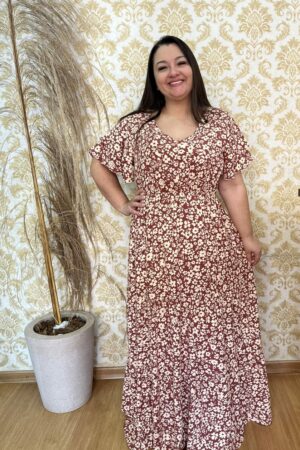 Vestido Longo Plus Size Thais Bordo Estampado Viscose G1 G2
