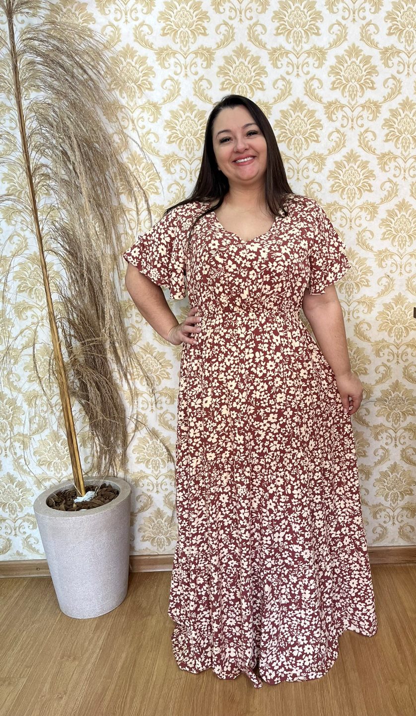 Vestido Longo Plus Size Thais Bordo Estampado Viscose G1 G2
