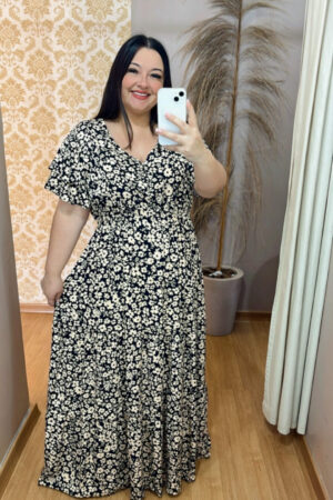 Vestido Longo Plus Size Thais Preto Estampado Viscose G2