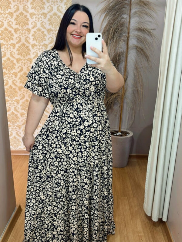 Vestido Longo Plus Size Thais Preto Estampado Viscose G2