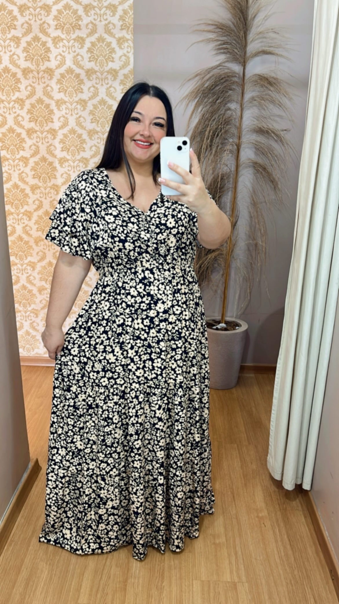 Vestido Longo Plus Size Thais Preto Estampado Viscose G2