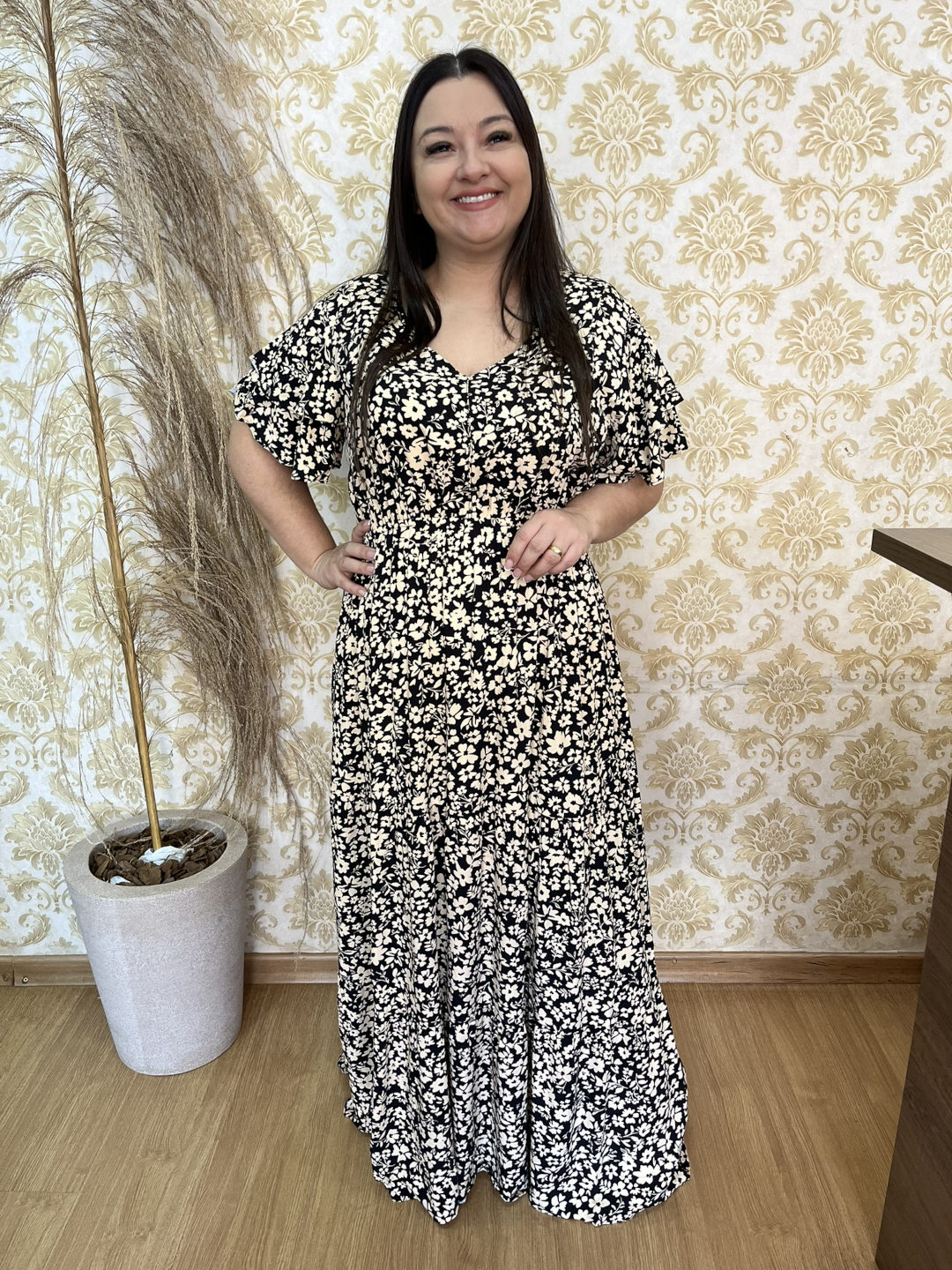 Vestido Longo Plus Size Thais Preto Estampado Viscose G2 - Imagem 3
