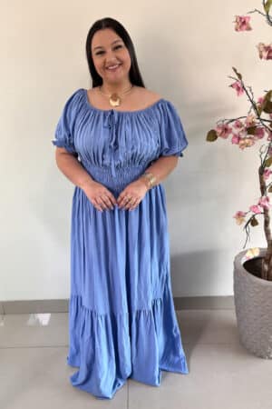 Vestido Longo Plus Size Viscolinho Azul Rebeca G3 G4