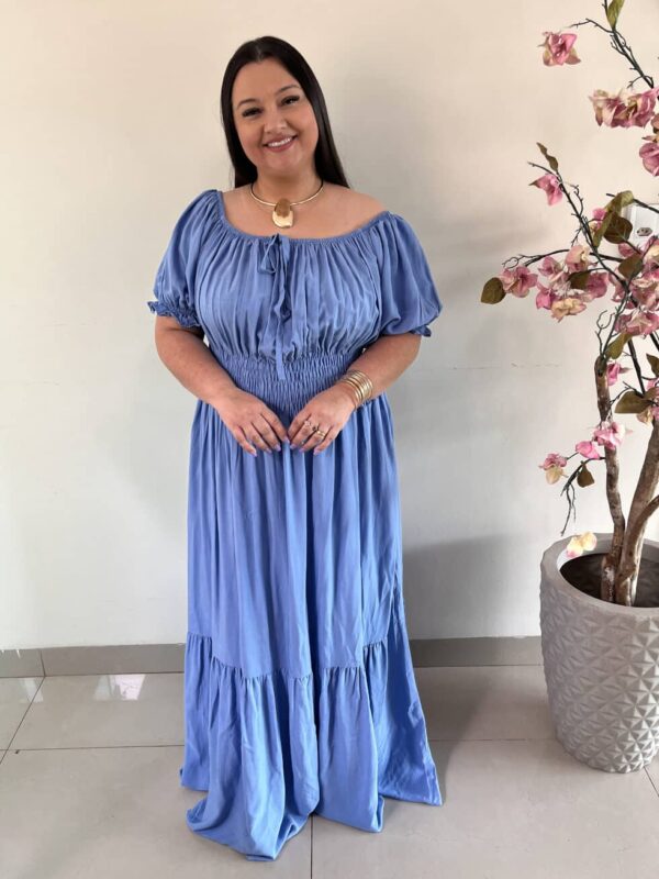 Vestido Longo Plus Size Viscolinho Azul Rebeca G3 G4