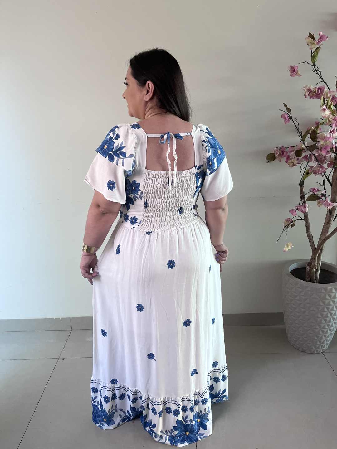 Vestido Longo Plus Size Branco Estampado Katia G1 G2 - Imagem 2