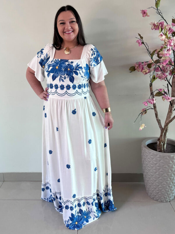 Vestido Longo Plus Size Branco Estampado Katia G1 G2