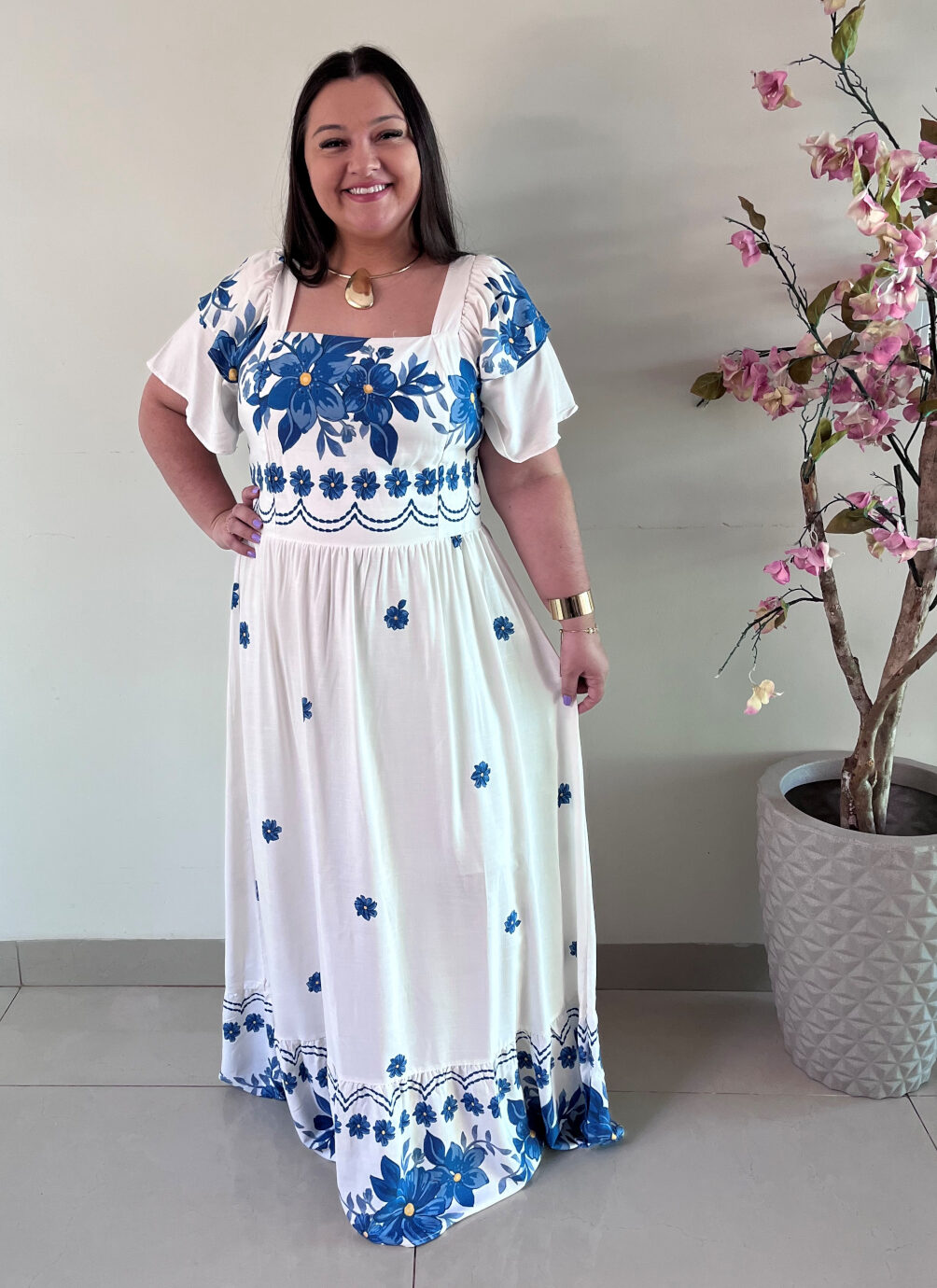 Vestido Longo Plus Size Branco Estampado Katia G1 G2