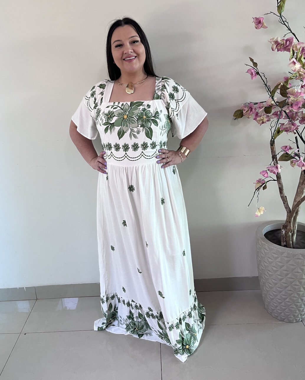 Vestido Longo Plus Size Branco Estampado Katia G2
