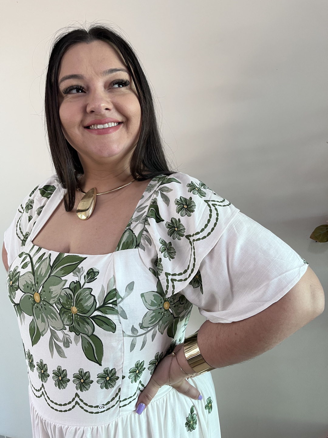 Vestido Longo Plus Size Branco Estampado Katia G2 - Imagem 3