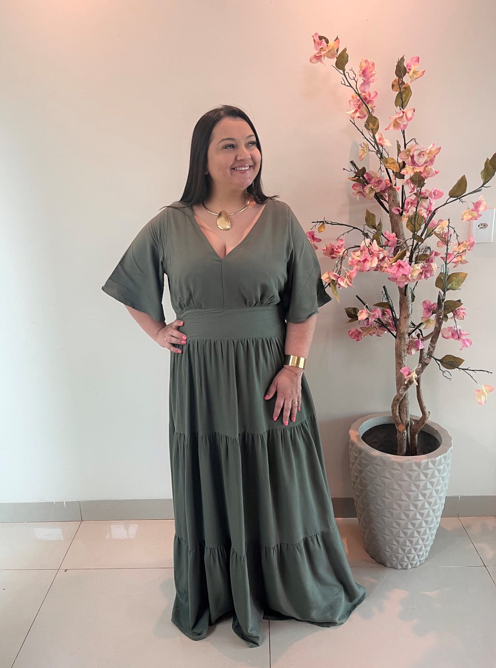 Vestido Plus Size Heloísa Viscose Verde Militar G1 G2 G3