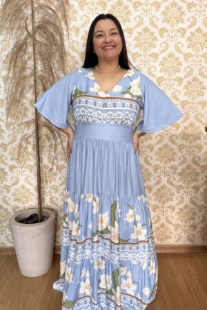Vestido Plus Size Heloísa Viscose Azul Estampado G1 G2 G3