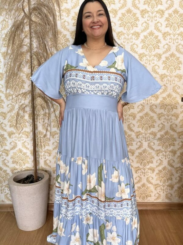 Vestido Plus Size Heloísa Viscose Azul Estampado G1 G2 G3