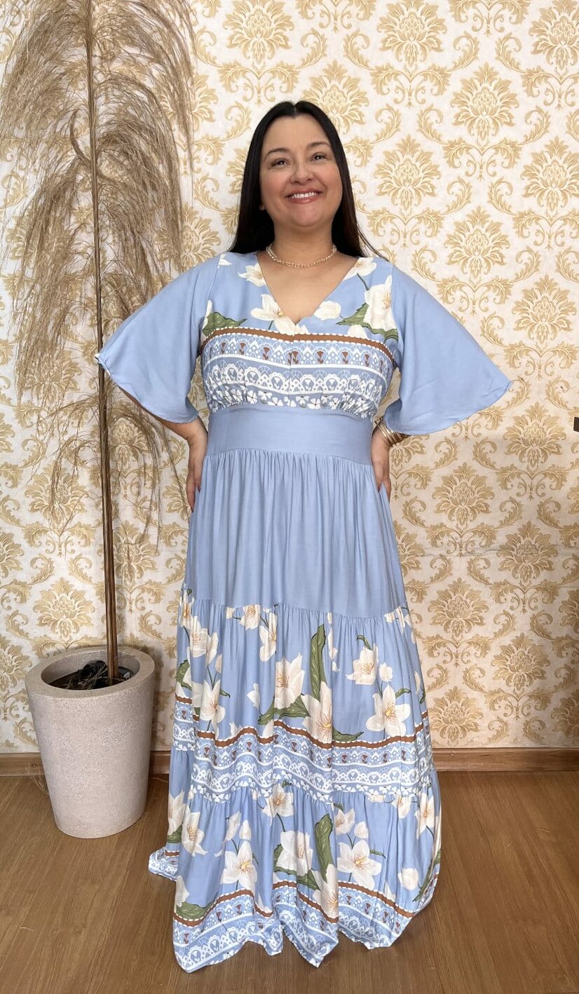 Vestido Plus Size Heloísa Viscose Azul Estampado G1 G2 G3