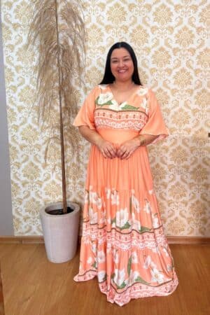 Vestido Plus Size Heloísa Viscose Laranja Estampado G1 G2 G3