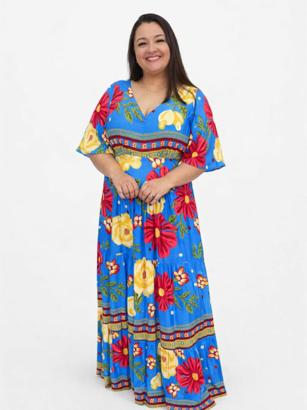 Vestido Plus Size Heloísa Viscose Azul Estampado G1