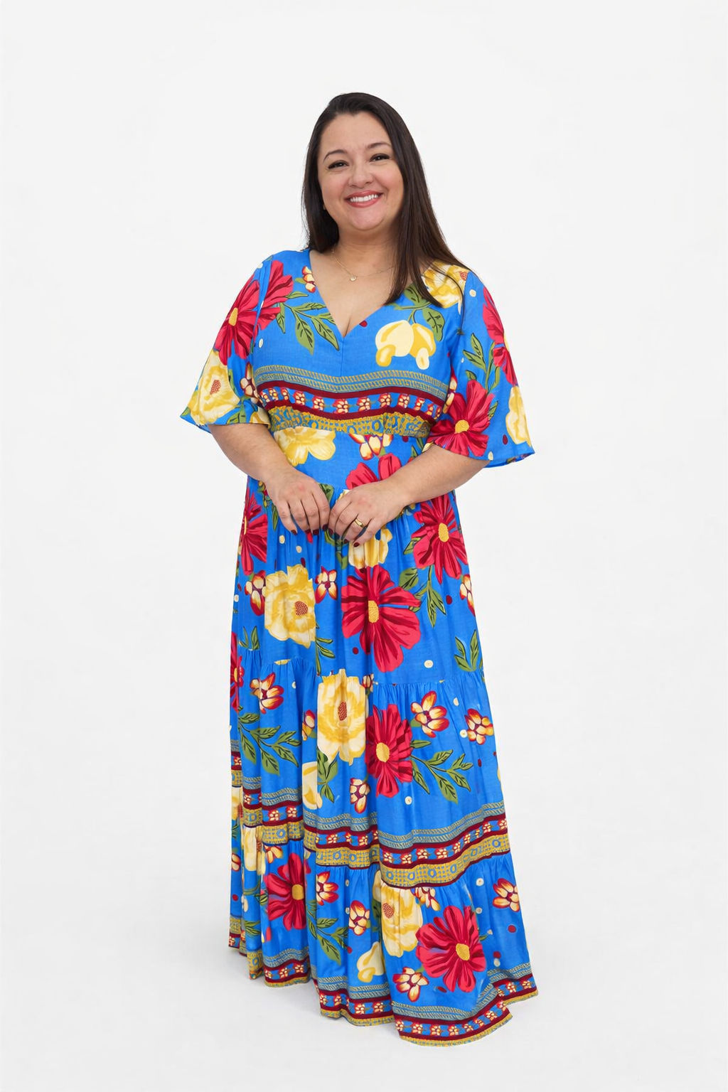 Vestido Plus Size Heloísa Viscose Azul Estampado G1