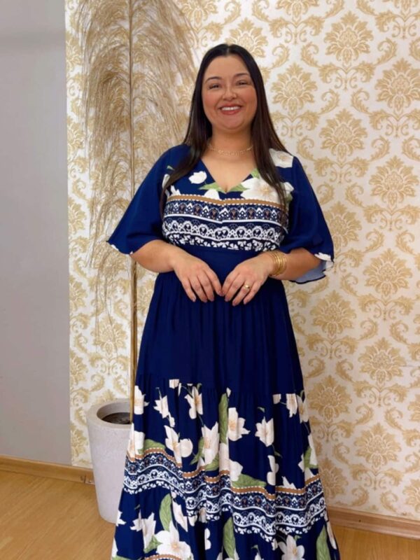 Vestido Plus Size Heloísa Viscose Azul Marinho Estampado G2