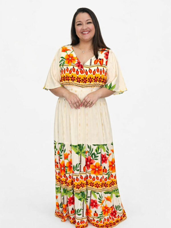 Vestido Plus Size Heloísa Viscose Bege Estampado G1 G3