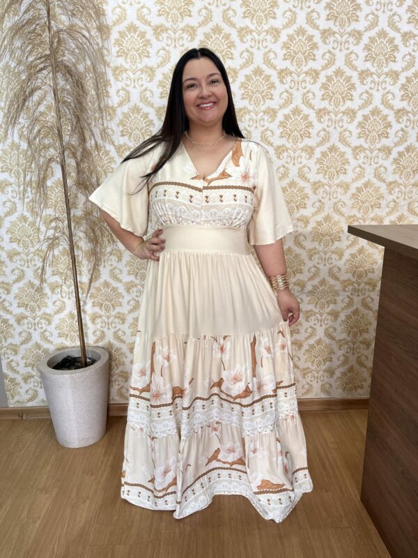 Vestido Plus Size Heloísa Viscose Bege Estampado G1 G2 G3