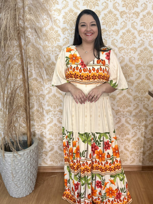 Vestido Plus Size Heloísa Viscose Bege Estampado G1 G3