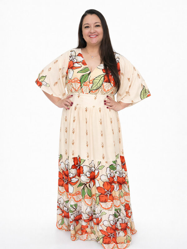 Vestido Plus Size Heloísa Viscose Bege Estampado G2