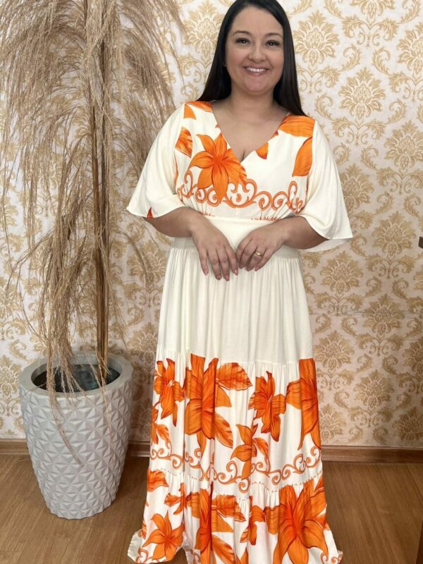 Vestido Plus Size Heloísa Viscose Branco Estampado G1 G2