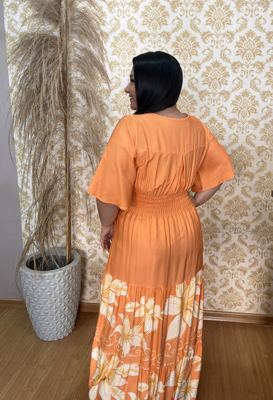 Vestido Plus Size Heloísa Viscose Laranja Estampado G1 - Imagem 2