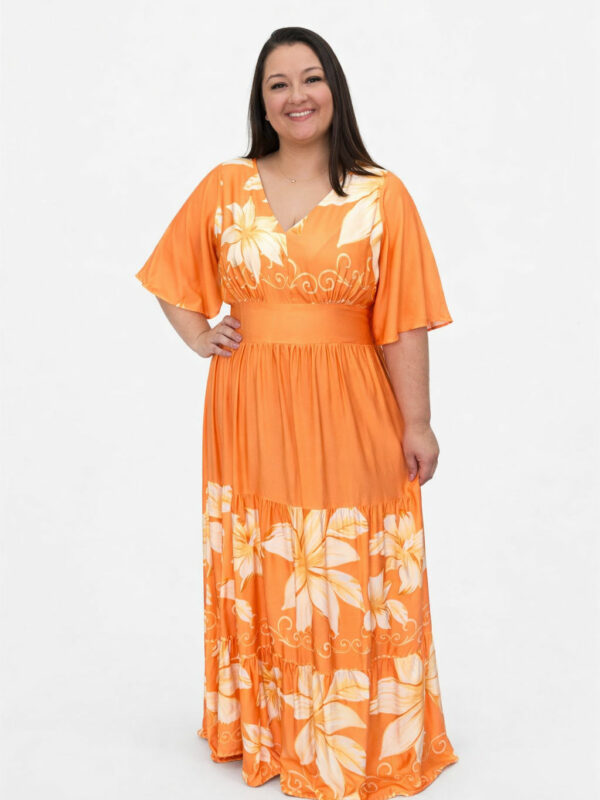 Vestido Plus Size Heloísa Viscose Laranja Estampado G1