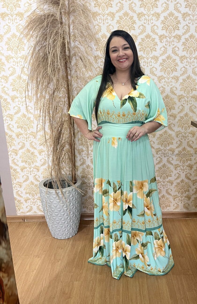 Vestido Plus Size Heloísa Viscose Verde Agua Estampado G1 G2