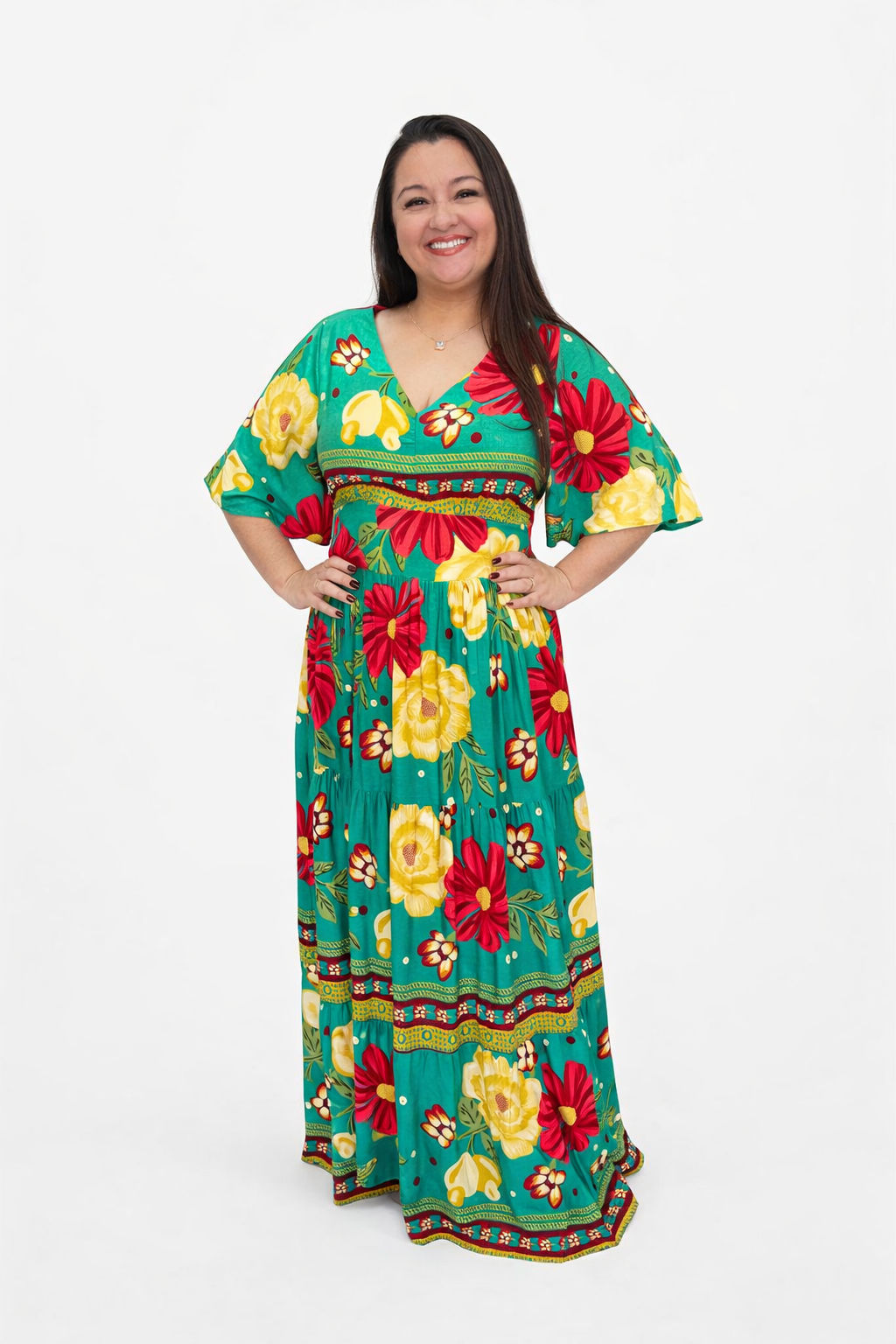 Vestido Plus Size Heloísa Viscose Verde Estampado G1