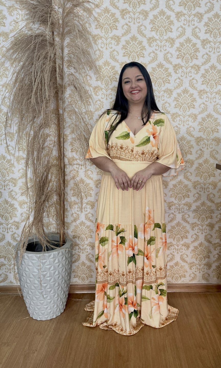 Vestido Plus Size Heloísa Viscose Pessego Estampado G2 G3