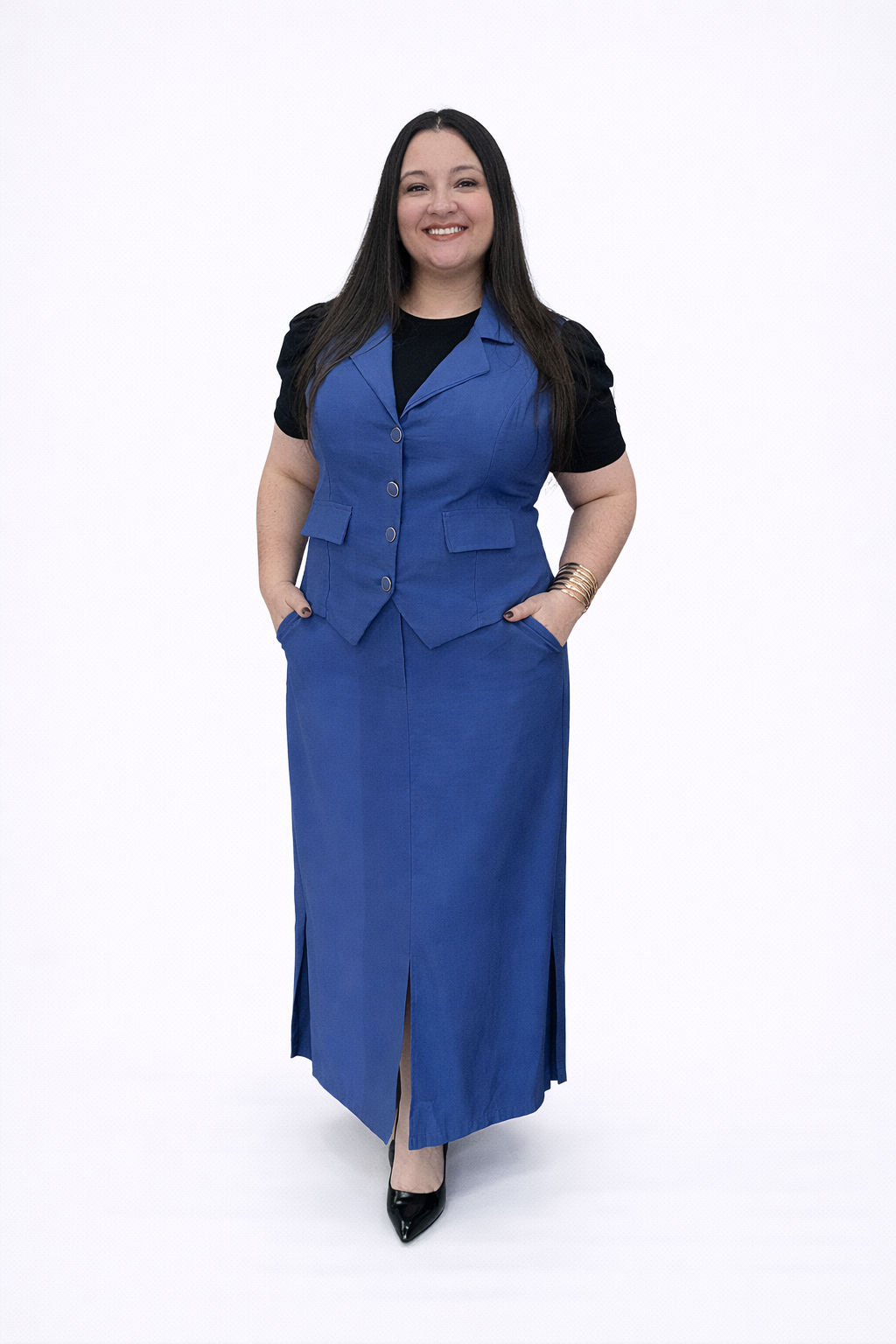 Conjunto Plus Size de Colete e Saia Sara tecido Sensorial Marrant Azul