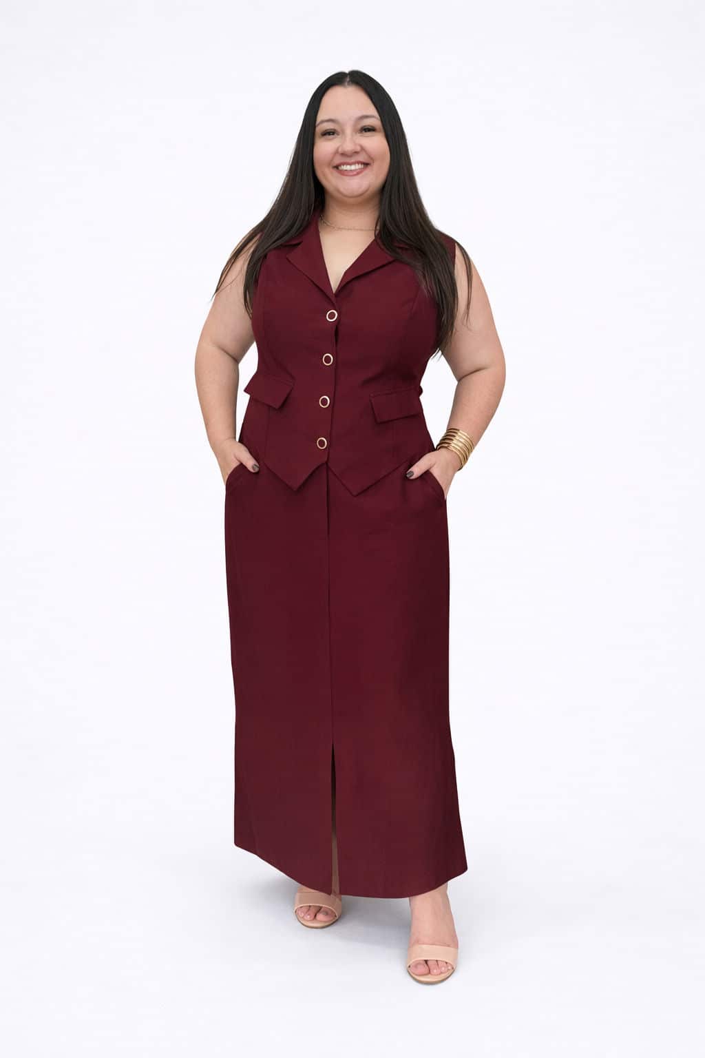Conjunto Plus Size de Colete e Saia Sara tecido Sensorial Marrant Vinho