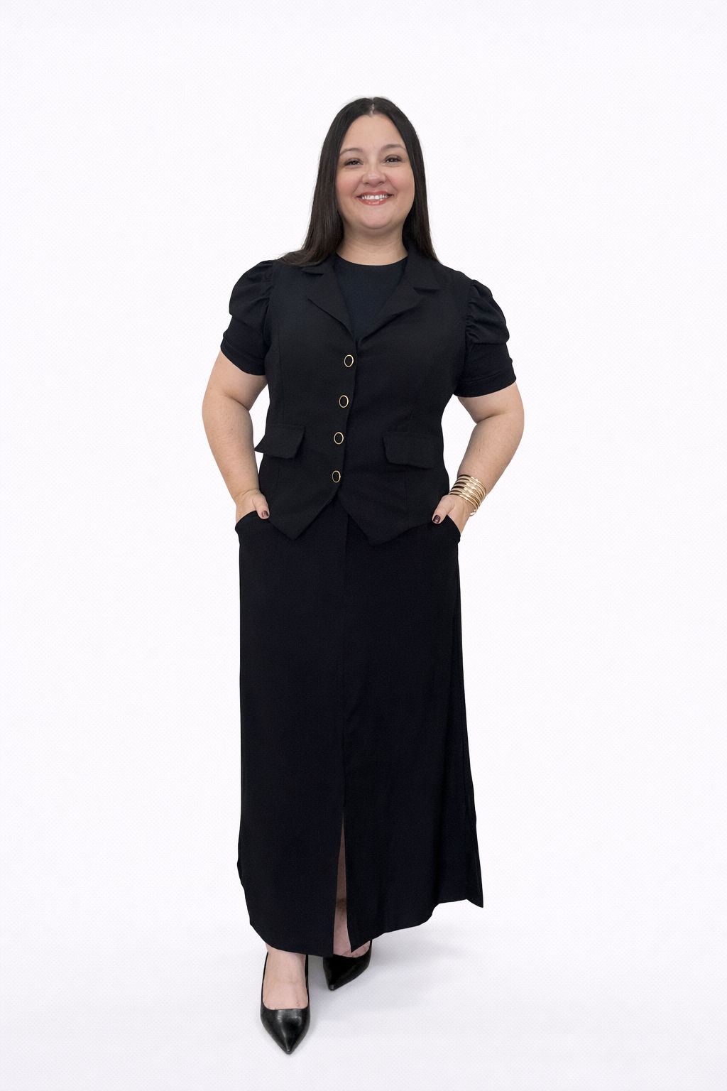 Conjunto Plus Size de Colete e Saia Sara tecido Sensorial Marrant Preto