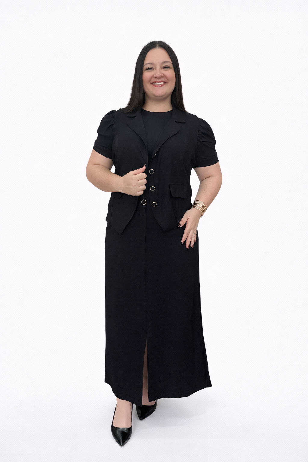 Conjunto Plus Size de Colete e Saia Sara tecido Sensorial Marrant Preto - Imagem 3